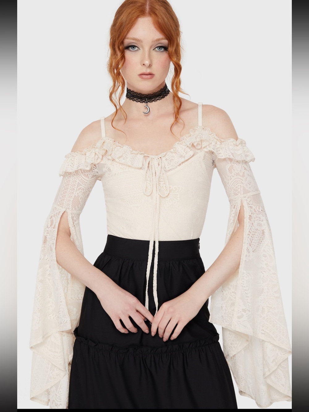 Killstar Breathless Lace Bardot Ivory Cream Lace Off-Shoulder Bell Sleeve Gothic - Picture 2 of 10